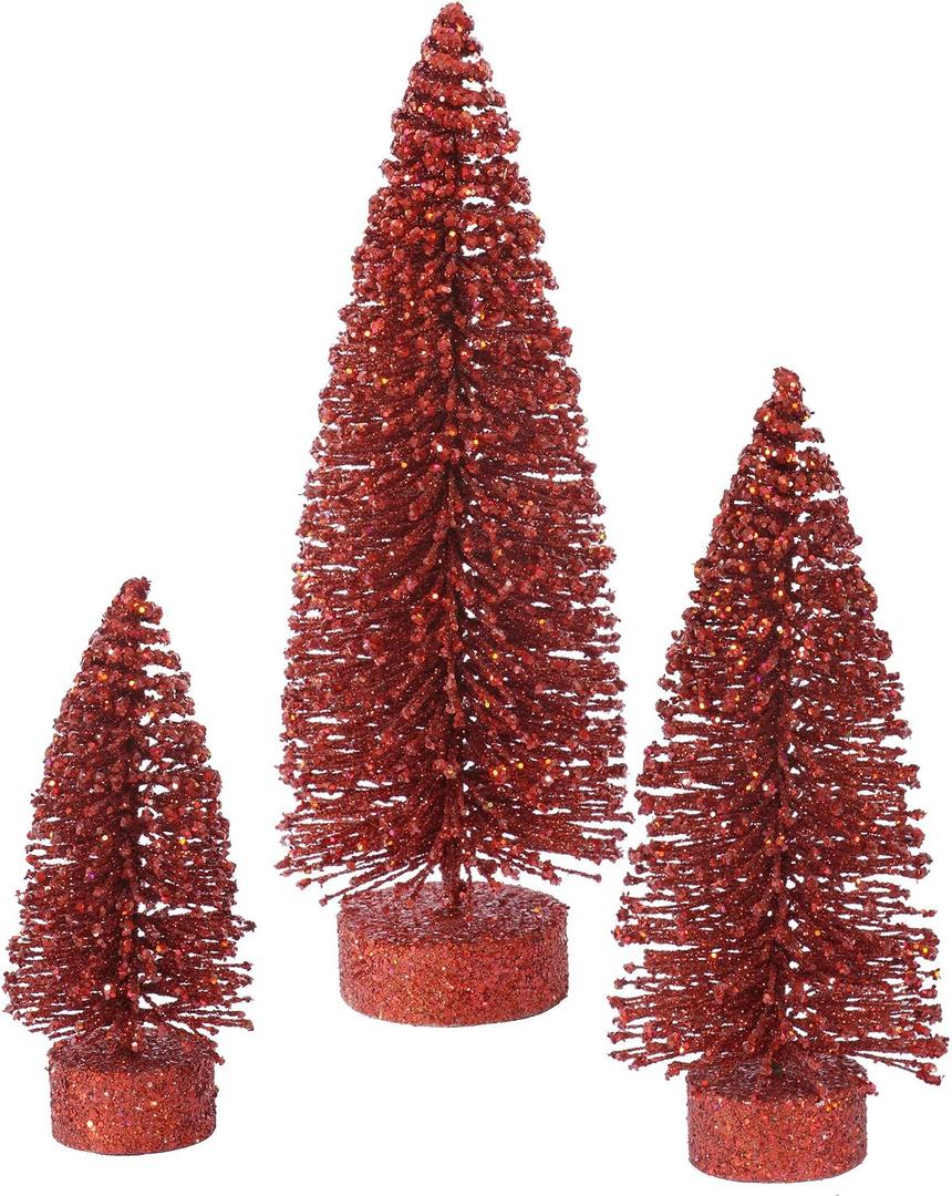 Vickerman 5"/7"/9" Red Glitter Oval Artificial Christmas Tree, Unlit - Faux Christmas Tree Set - Seasonal Indoor Home Decor