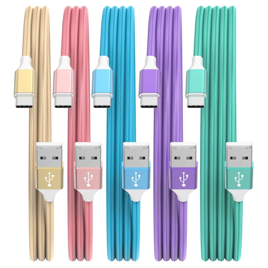USB C Cable 5Pack USB to USB C Cable, Type C Charger Fast Charging Cable Nylon Braided Android Charger for iPhone 16 15, for Samsung Galaxy, Huawei, Google Pixel, Sony, Switch3/3/6/6/10Ft