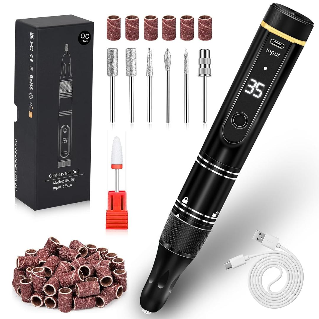 Nail Drill Cordless 35000RPM Rechargeable Professional Electric Nail Drill Kit Wireless Nail File Drill Acrylic Drill for Acrylic Gel Nails Manicure Pedicure Polishing Remover (Black)