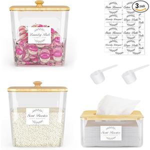 Vincona Laundry Room Organization and Storage, Laundry Pods Container and Dryer Sheet Holder with Bamboo Lids and Labels, Laundry Organizer with Scoops for Booster Beads, Powder, Pods, 2+1 Pack