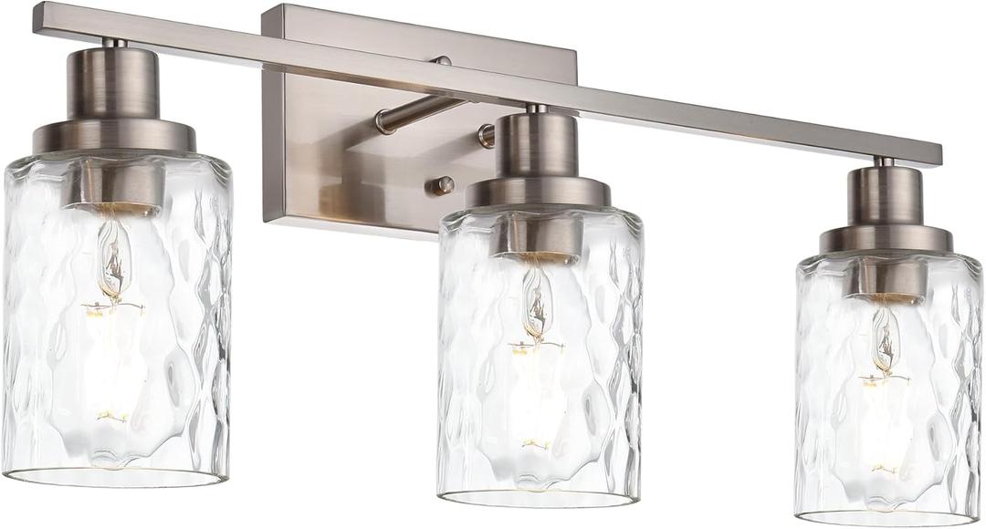 MELUCEE 3-Light Bathroom Lights Brushed Nickel with Hammered Glass Shade, Bathroom Light: 9.8" (H) x 20.5" (L), Back plate: 4.72" (H) x 7.9" (L), Clear Glass Shade: 5.1" (H) x 4" (Opening)