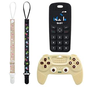 2PCS Silicone Baby Teething Toys, Game Controller Teething Toys and Phone Teething Toys with 2PCS Pacifier Clip,BPA Free Silicone Baby Controller Teething for 3+ Months,Frozen Chew Toy(Black&Beige)