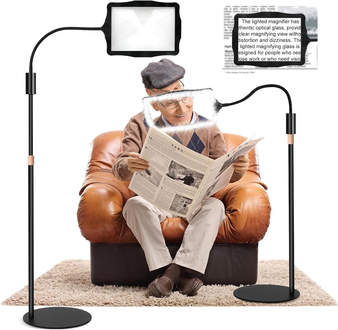 Hands Free Floor Magnifying Glass, with Light and Stand, 3 Light Modes Rechargeable Floor Magnifying,Suitable for Reading, Sewing, Crafts, DIY, Embroidery, Close Work