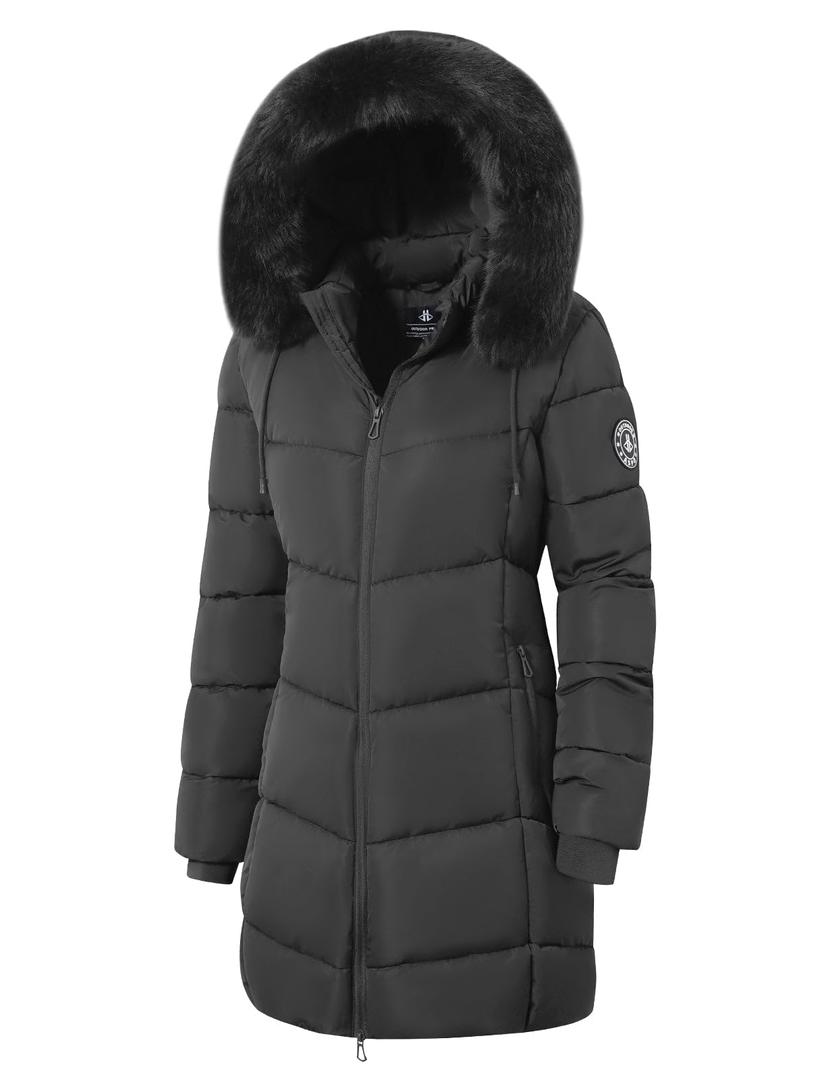 ASPO Women's Winter Puffer Coats Thicken Fleece Lined Waterproof Parka Warm Down Jacket Faux Fur Detachable Hood Hiking Snow Dark Grey XL