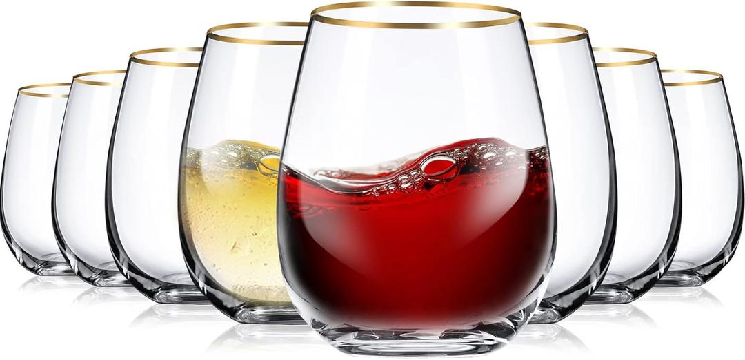 Stemless Wine Glasses with Gold Rim, Set of 8, 15 oz Red Wine Glasses Gold Rimmed Crystal Drinkware for Wedding Party All Beverages