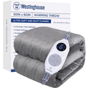 Westinghouse Electric Blanket Heated Throw, Super Cozy Soft Flannel 50"" x 60"" Heated Throw with 6 Fast Heating Levels & 2-10 Auto-Off, Machine Washable, ETL&FCC Certification, Light Grey