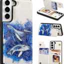 UEEBAI Wallet Case for Samsung Galaxy S21 FE 5G with Card Holders, PU Leather Cover Kickstand RFID Blocking Double Magnetic Clasp Rilievo Flower Shockproof Flip Case for Women Girls - Whale