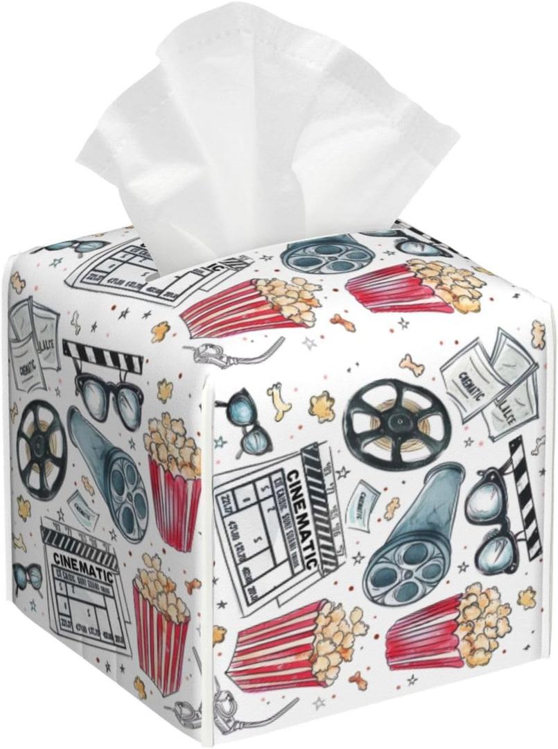 Movie Theme Tissue Box Cover Square Leather Tissue Box Holder Decorative Tissue Case Covers Waterproof Tissue Holder Organizer for Bathroom Home Office