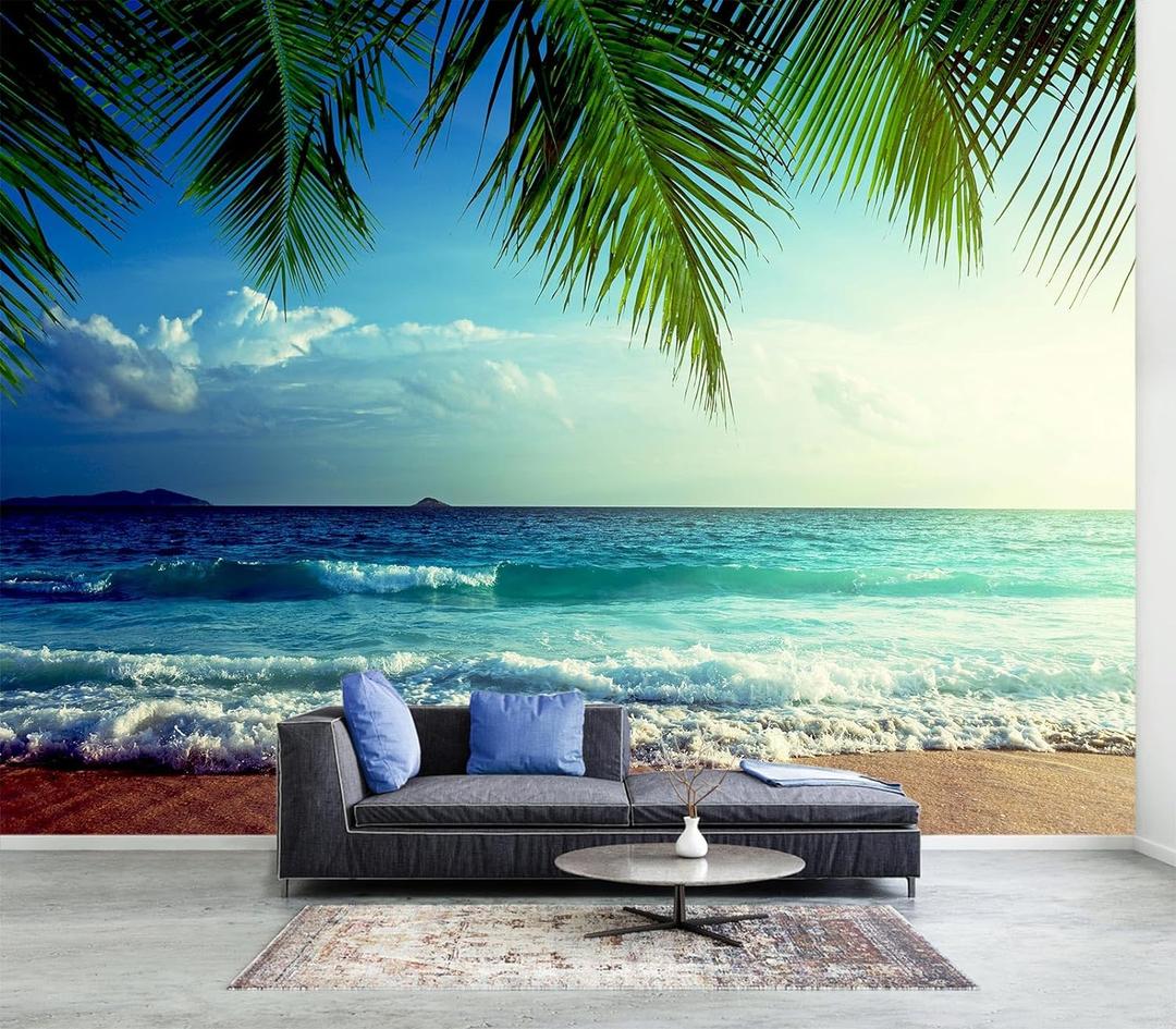 WFBHUA-Large Beach Scene Wallpaper Mural Dusk Waves Wall Murals for Bathroom Living Room Bedroom(Not Peel and Stick) (149" x 96", Art Wall-29)