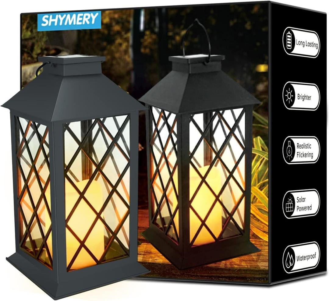 SHYMERY Solar Lanterns Outdoor Waterproof, 14 Inch Outdoor Lanterns with LED Flickering Flameless Candles,2 Pack Hanging Black Lantern Decorative for Patio,Front Porch,Balcony,Outside,Table Decor