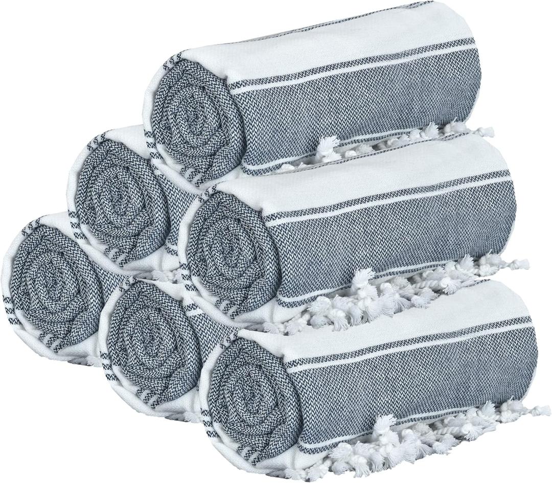 GLAMBURG Peshtemal Turkish Beach Towel Cotton Oversized 36x71 Set of 6 for Adults, Soft Durable Absorbent Extra Large Hammam Bath Sheet - Navy Blue