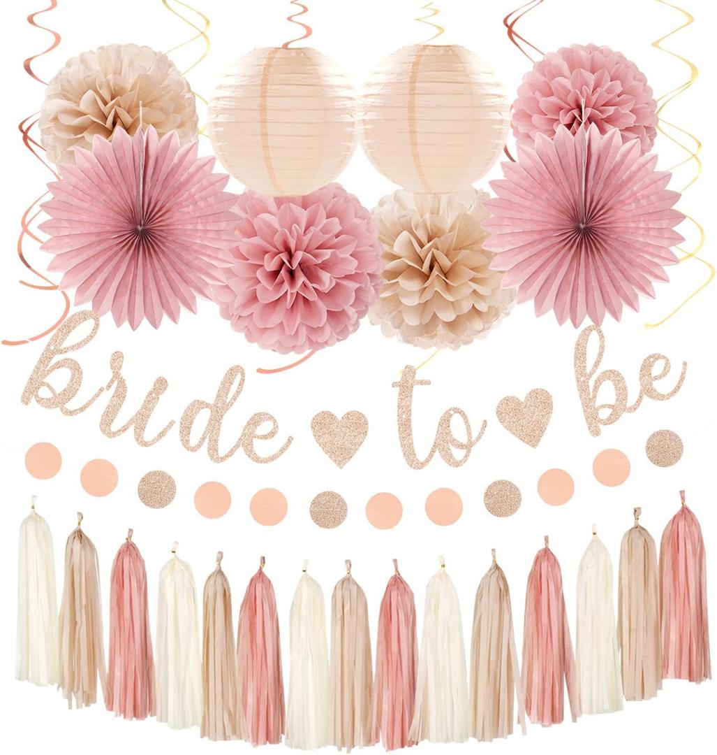 Blush-Pink Rose-Gold Bridal-Shower Fall Party-Decorations - 31pcs Bride to Be Sign Banner,Bachelorette Paper Lanterns,Wedding Streamers Garland,Boho Peach Tissue Pom Poms Fans Decor Supplies Burgleda