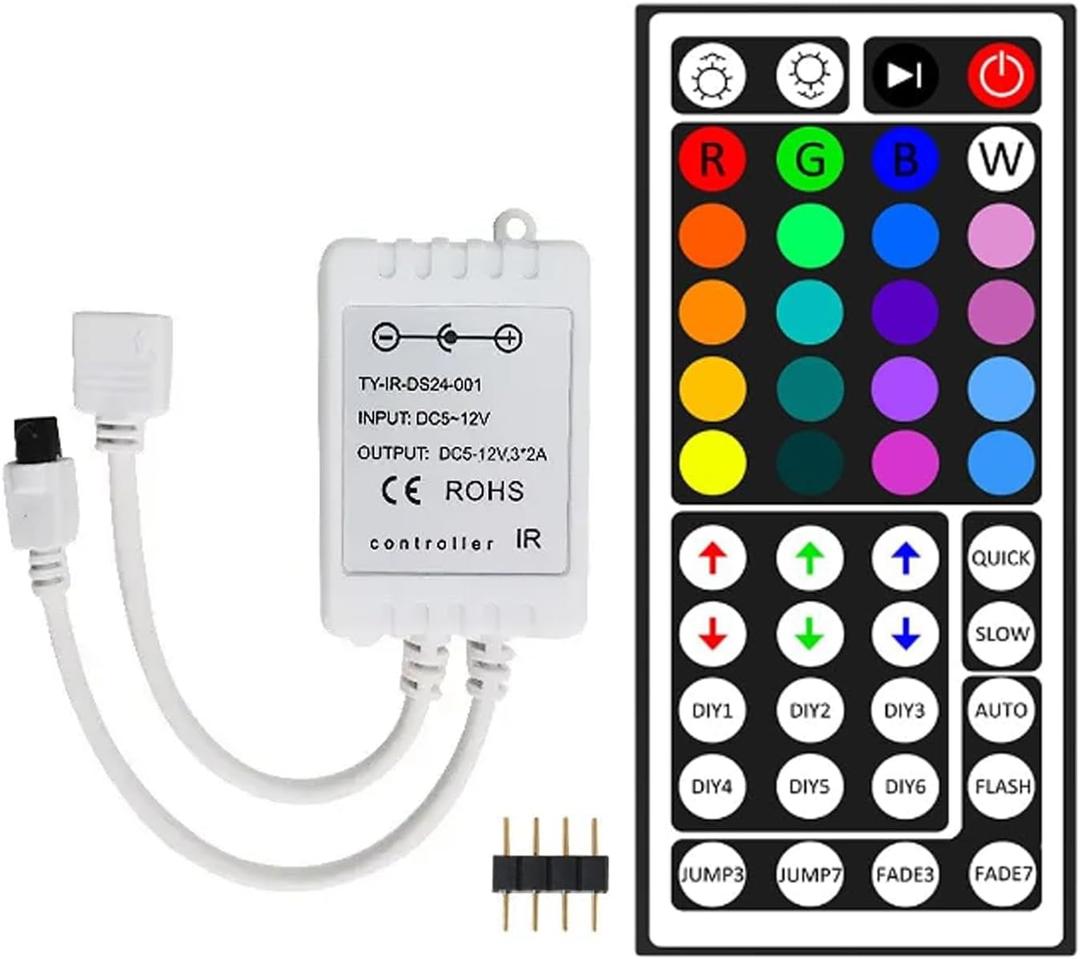 44 Key LED Strip Controller, Wireless Rectifier Control Box, IR Remote Controller, DC 12V 5A Power Supply Plug Adapter for 2835 3528 5050 RGB LED Strip Lights(2 Ports)