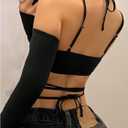 SHENHE Women's Criss Cross Strappy Wrap Crop Top Long Sleeve Halter Sexy Going Out Tshirt (Black, L)