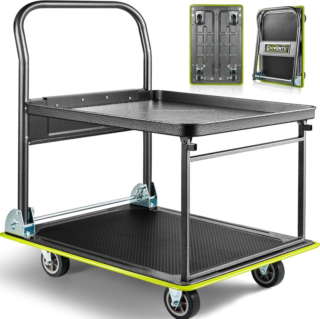 2026 Upgraded Heavy Duty Push Cart Dolly(700lbs), Foldable Platform Hand Truck Made with High-Strength Steel, 2 Tier Design, Moving Flatbed Cart with Wheels for Garage, Workshop, Office