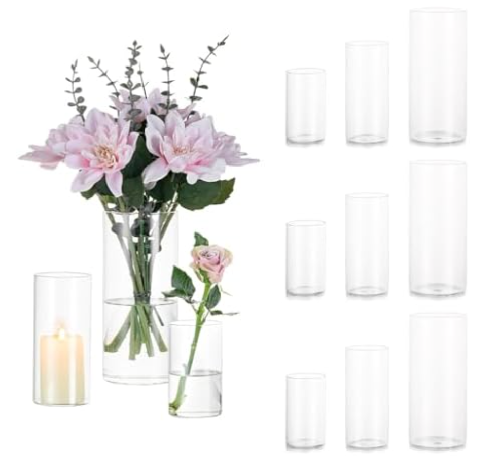 Glasseam Clear Cylinder Vases Set, 12Pcs Glass Vases for Centerpieces Bulk, Modern Floating Candle Holder for Decor, Hurricane Candle Holders for Wedding Table Decor (5.5"/7.5"/9.5")