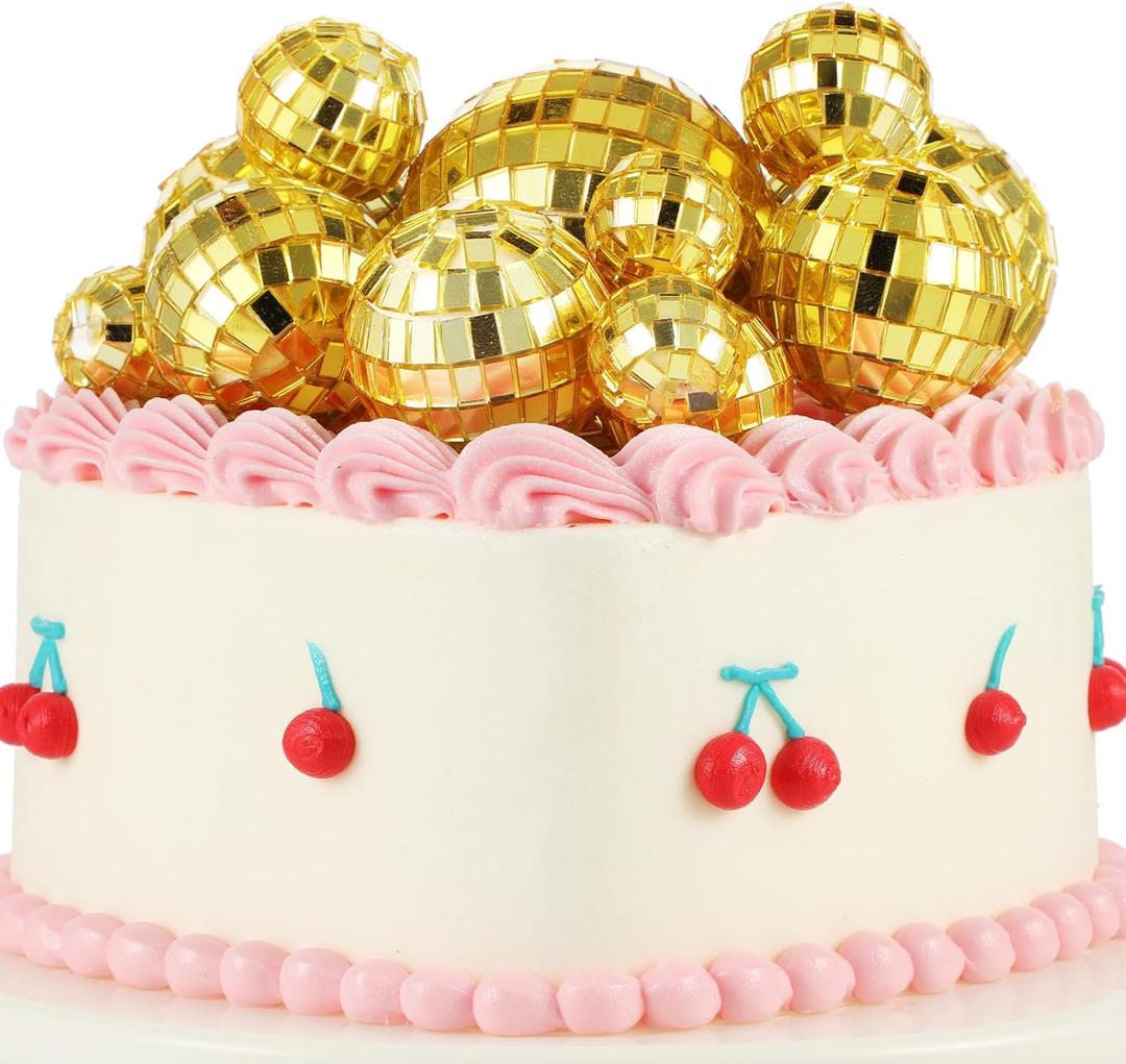12 Pcs Disco Ball Cake Toppers, 5 Sizes Disco Ball Birthday Party Decorations Small Disco Ball Table Centerpiece Decor for 70s Disco Themed Dance Party Supplies Last Disco Party Gold