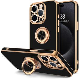 Hython for iPhone 15 Pro Max Case with Ring Stand, 360 Rotatable Ring Holder Magnetic Kickstand, Plating Rose Gold Edge Soft Cover Protective Phone Case for iPhone 15 Pro Max 6.7", Black