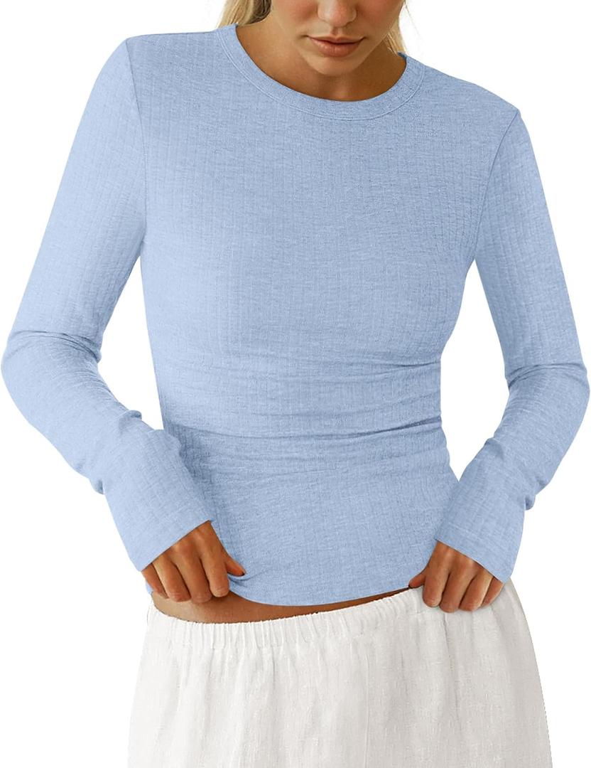 PRETTYGARDEN Womens Long Sleeve Shirts 2026 Ribbed Knit Slim Fitted Basic Tee Casual Going Out Tops Underscrubs Fall Clothing (Blue, S)