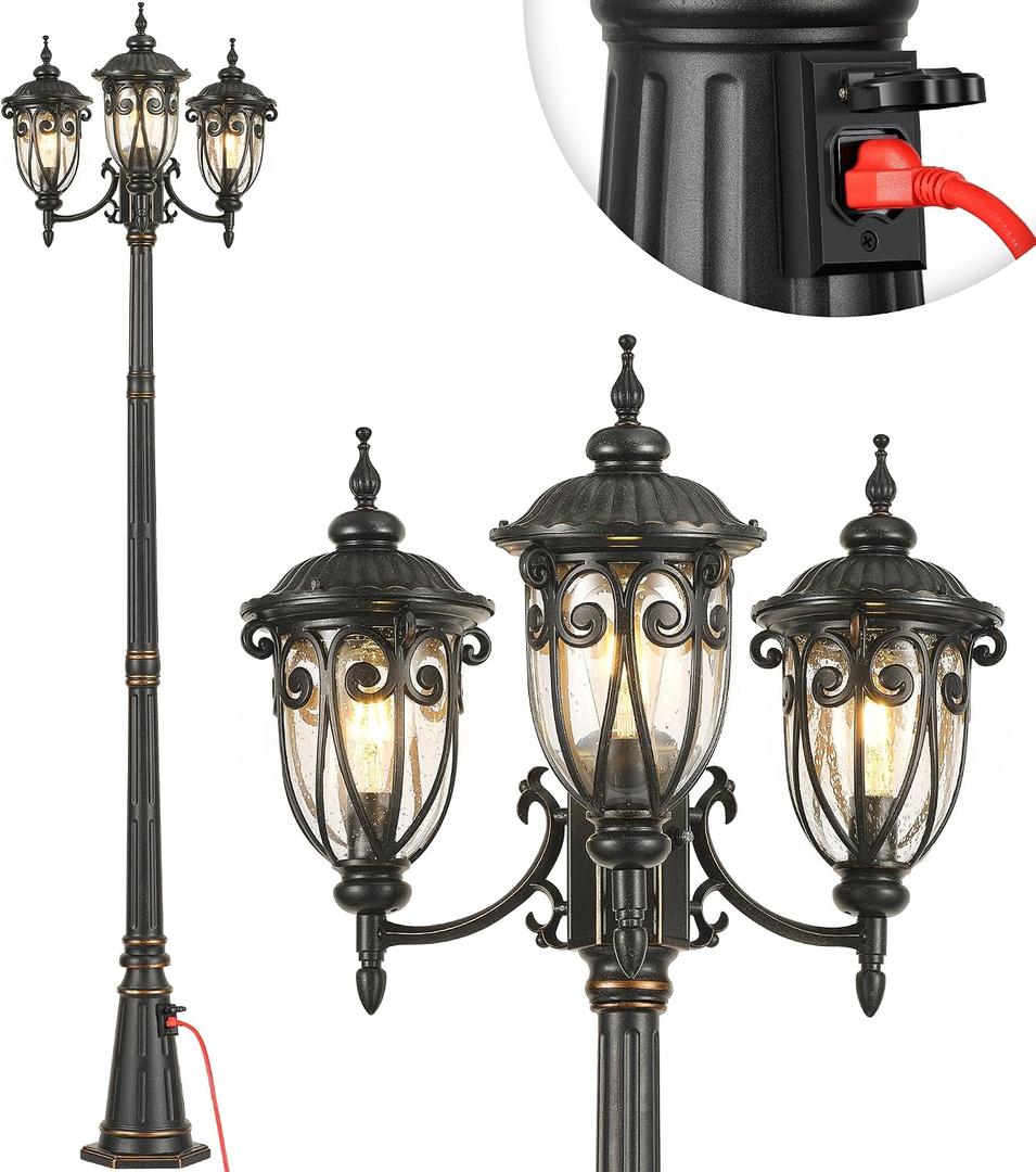 VIANIS Outdoor Lamp Post Light with Outlet, Dusk to Dawn Black Light Lamp, Posts for Outside with 3 Head, Waterproof Post Lights Outdoor for House, Doorway, Driveway, Anti-Rust