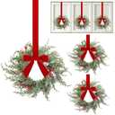 Aneco 6 Pcs 9.8" Small Christmas Norfolk Wreaths Decorations Mini Christmas Kitchen Cabinet Wreaths with Red Velvet Bow Artificial Hanging Garlands for Door Window Room Farmhouse Xmas Party Decor