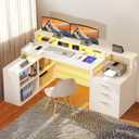 DWVO L Shaped Desk with Drawers, 65" Computer Desk with Power Outlets & LED Lights, Corner Home Office Desk with Storage Shelves & Printer Stand, White, Large