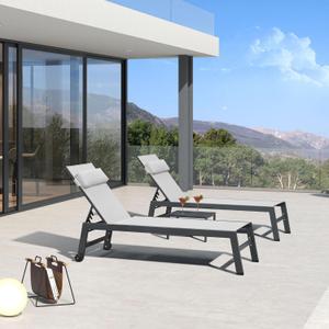 PURPLE LEAF Outdoor Lounge Chair Set of 3 Patio Chaise Pool Lounger Aluminum Frame with Side Table and Wheels for Outside Sunbathing Tanning Recliner Including Pillows White