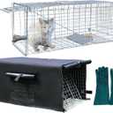 Live Animals Trap Cage with Cover & Glove, Cover with Mesh Window for 1-2 Door, 32 Inch Heavy Duty Folding Humane Animal Trap Cage for Raccoon, Squirrel, Skunk, Catch, Opossums, Groundhogs