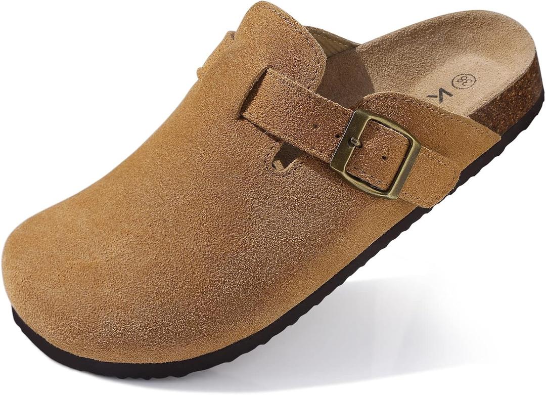 KIDMI Genuine Suede Clogs for Women Cork Footbed Sandals Leather Mules Potato Shoes with Arch Support (8.5, Brown)
