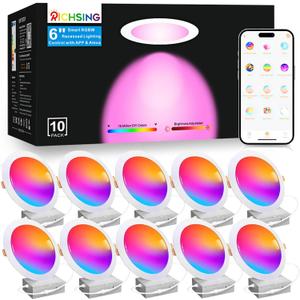 10 Pack LED Recessed Lighting 6 inch, RGBCW Recessed Ceiling Lights Compitable with Alexa, 2700K-6000K Dimmable 1350LM LED Recessed Lights with Junction Box, 16 Million Colors, Timer