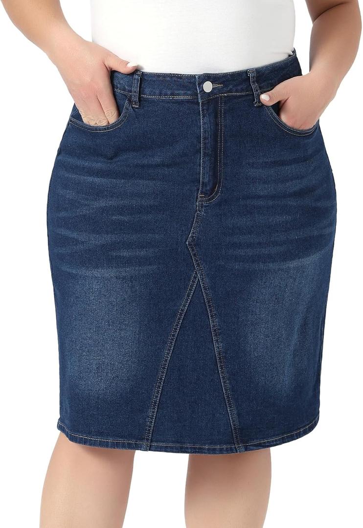 Agnes Orinda Jean Skirts for Women Plus Size Summer High Waist Knee Length Pockets Casual Stretch Midi Denim Skirts (Blue, XXL)