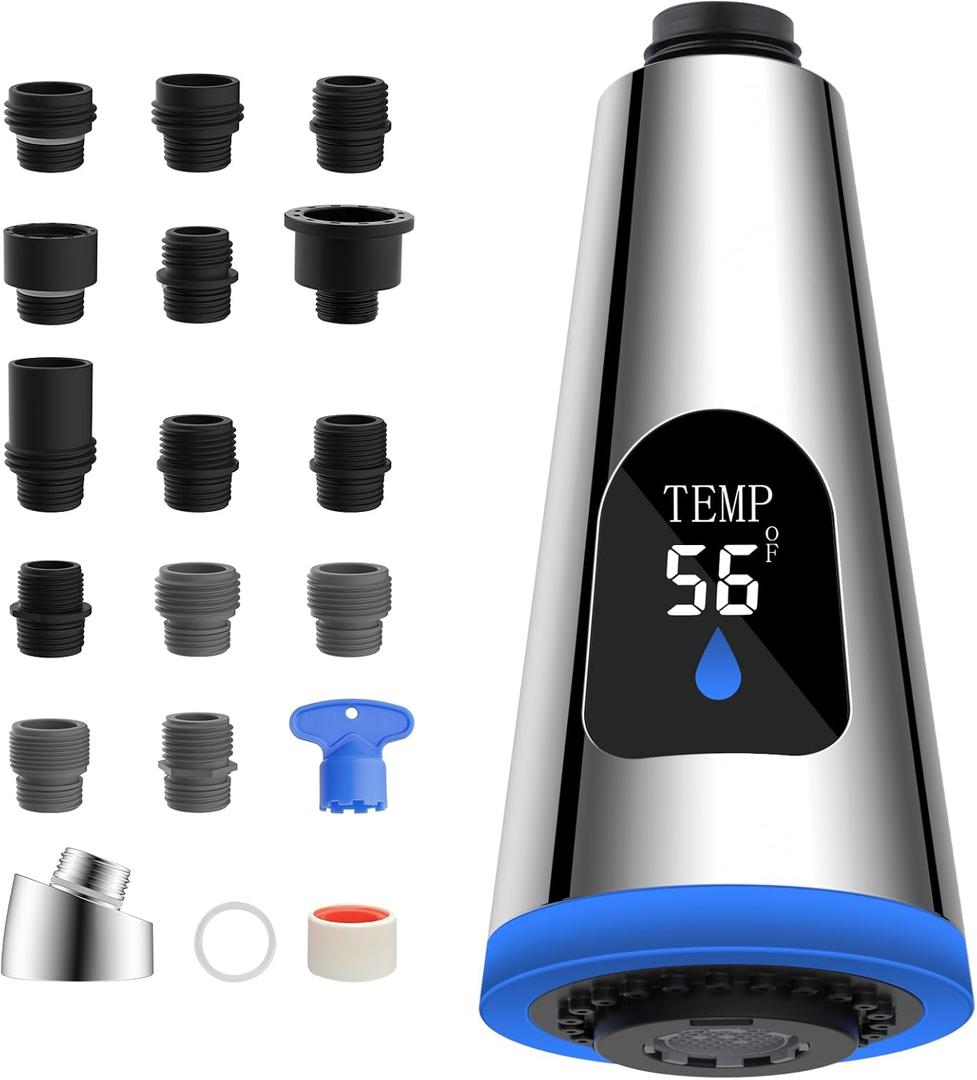 LED Faucet Head Replacement 4 Function Universal Temperature Display Pull Down Kitchen Faucet Head with 15 Adapters Compatible with American Standard/Kohler/Moen/Delta, Sink Sprayer Head, Chrome