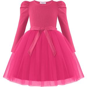 Arshiner Toddler Girls Tutu Dress Gigot Long Sleeves Fall Winter Belted Princess Party Tulle Dresses 3-8Y