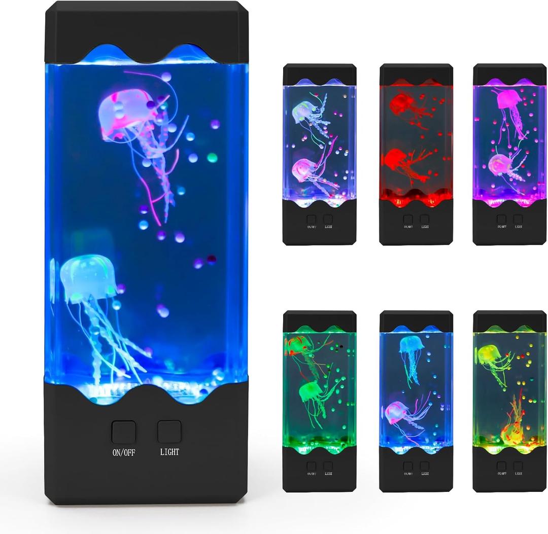 Jellyfish Lamp, LED Jelly Fish Aquarium Tank Night Light 7 Color Changing Mood Lamp for Home Office Decor, Birthday Christmas Gifts for Kids Women Men SquareBlack (3.5"D x 3.5"W x 8.3"H)