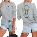 Nurse Graphic Crewneck Sweatshirts for women Floral Stethoscope Lightweight Sweatshirt Pullover Hoodie Nurses Gifts (Medium, Gray)