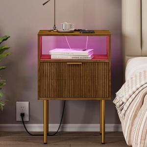 Nightstand with Outlet and Led Light, Bedside Table with Storage Drawer, Fluted Side Table for Living Room, Bedroom (Walnut Brown)