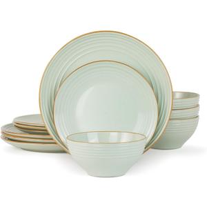 Famiware Jupiter Dinnerware Set, Plates and Bowls Dish Sets for 4 (12 Pieces), Microwave and Dishwasher Safe Stoneware Tableware, Chip and Scratch Resistant, Light Green
