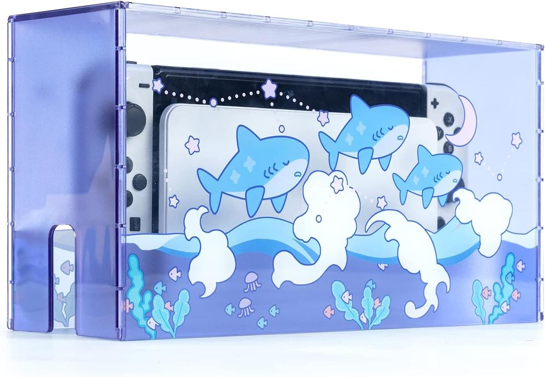 GeekShare Cute Shark Acrylic Clear Dust Display Box Cover for Switch/OLED Dock, Assemble Waterproof Cover Case Compatible with Switch/OLED Charging Dock Accessories
