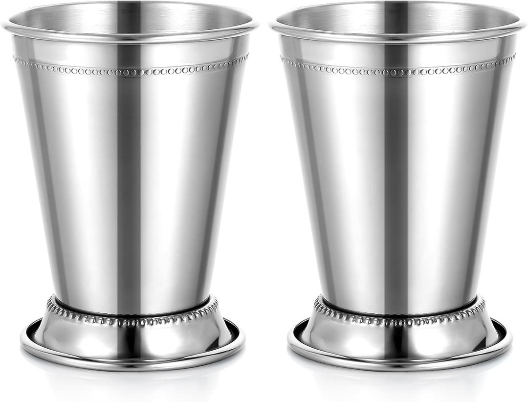 Set of 2 Mint Julep Cups, Classic Stainless Steel Glasses for Party Bar Home Restaurant, 12 oz Metal Cocktail Glasses for Beer Juice Beverage, Silver