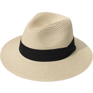Lanzom Women Wide Brim Straw Panama Roll up Hat Fedora Beach Sun Hat UPF50+ (One Size-Medium, 01-fold Belt Khaki)
