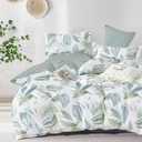 LEMIROE Botanical Cotton Comforter Queen Size - Sage Green Comforter Printed with Leaves & Ferns on White,Reversible Lightweight Bedding Sets 3Pcs(Leaves,90"90")