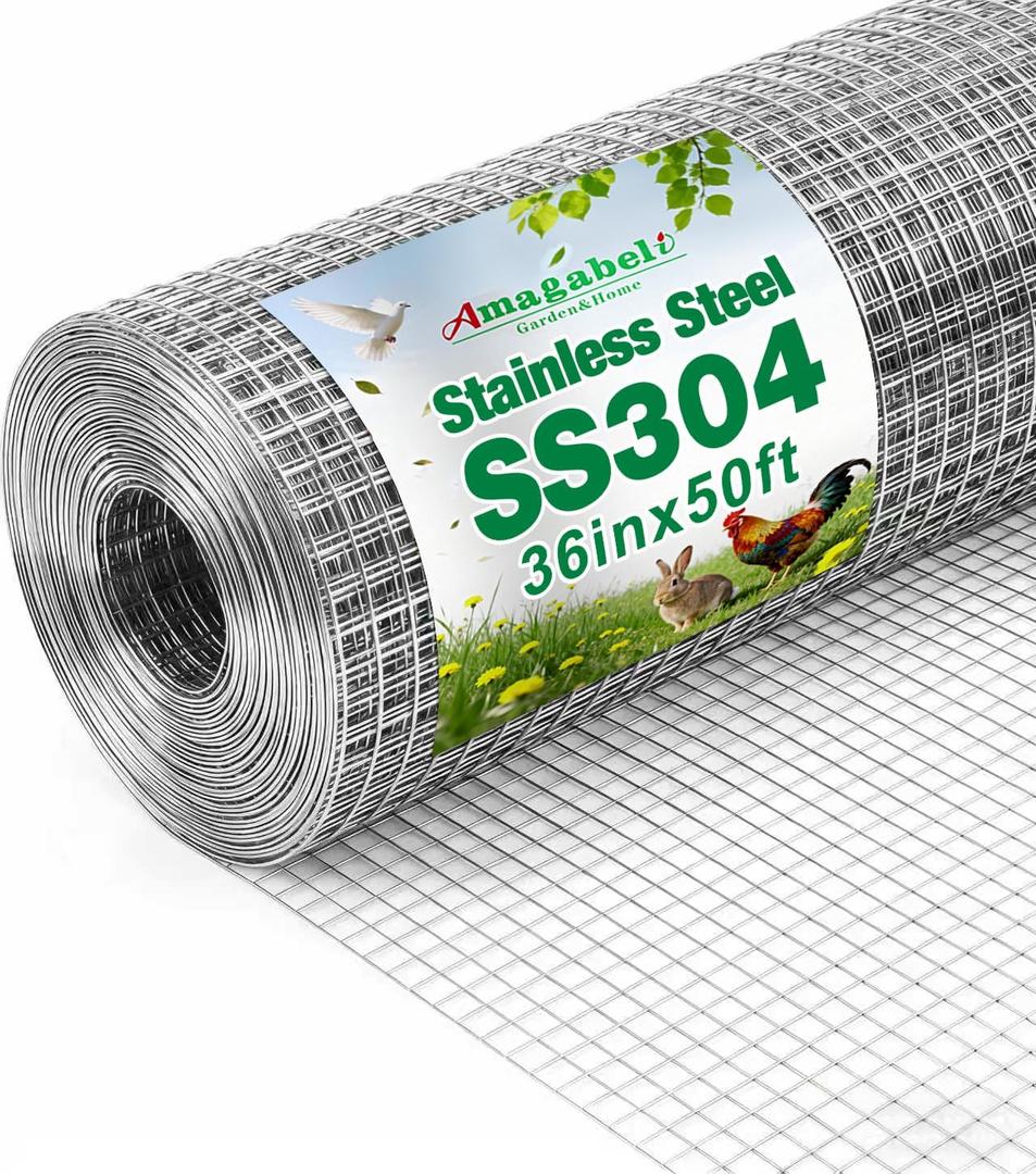 AMAGABELI GARDEN & HOME 36inchx50ft SS304 Stainless Steel Hardware Cloth 1/2 inch 18 Gauge Chicken Wire Fencing Welded Wire Mesh Fence Roll Poultry Netting Bird Cage Coop Rodent Proof Gopher Rabbit