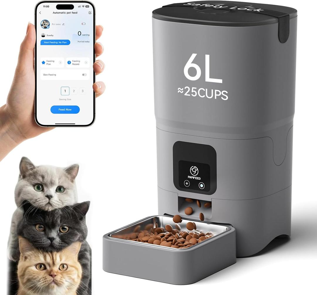 PAPIFEED Automatic Cat Feeder Upgrade, WiFi Pet Feeder with APP Control for Remote Feeding, Detachable for Easy Clean, Dual Power Supply,1-10 Meals Per Day for Multiple Pets(Gray) (Grey)
