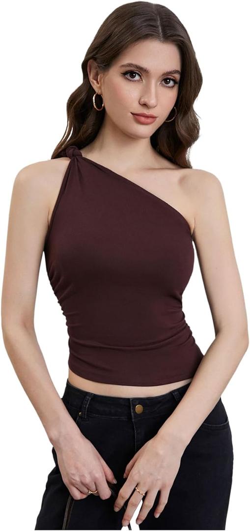 Women's Knot One Shoulder Tank Top Slim Fit Ruched Sleeveless Tops, M