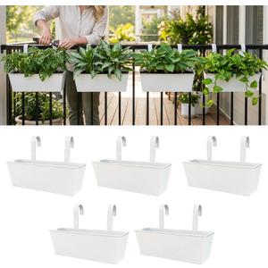 LaLaGreen Rail Planter Outdoor Plants (16 Inch, 5 Pack) Metal Planters Herbs Rectangular Buckets Hanging Flower Pots Balcony Box Plant Holder Modern Wall Mount Iron Deck Railing Fence Porch Home Decor