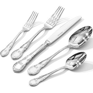 KINGSTONE Vintage Silverware Set, 60-Piece 18/10 Stainless Steel Retro Royal Flatware Cutlery Set for 12 with Carved Thick Handles, Tableware Utensils for Home,Party,Restaurant,Wedding,Dishwasher Safe