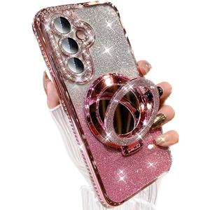 Magnetic for Samsung Galaxy S25 Plus Glitter Kickstand Case, [Compatible with MagSafe] Makeup Mirror Cute Bling Rhinestone Girl Woman Cover Camera Lens Protector Ring Holder for S25+ (Pink)