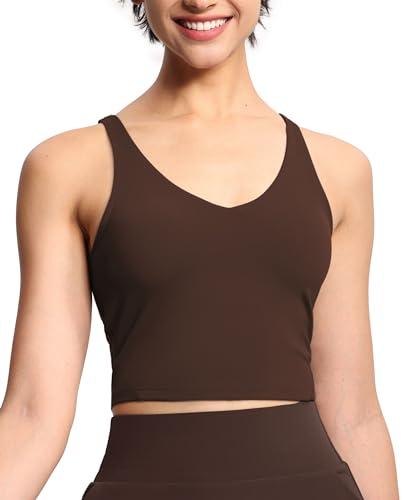 Women’s Longline Sports Bra Wirefree Padded Medium Support Yoga Bras Gym Running Workout Tank Tops Brown XL