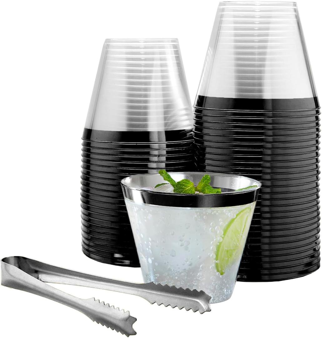 100 Black Rimmed Plastic Cups and 1 Silver Ice Tong Set - 9 Ounce Disposable Cocktail Glasses - Plastic Wine Cups - Black Party Decorations - Wedding Party Supplies