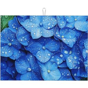 Dish Drying Mat Hydrangeas Flower Blue for Kitchen Counter Absorbent 18x24 Inch Microfiber Dishes Plate Glass Dry Draining Pad Reversible Washable (C033)